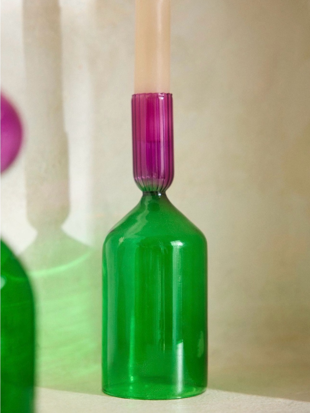 Anthropologie terrain Colorblocked Glass Taper Holder, Green & Fuchsia